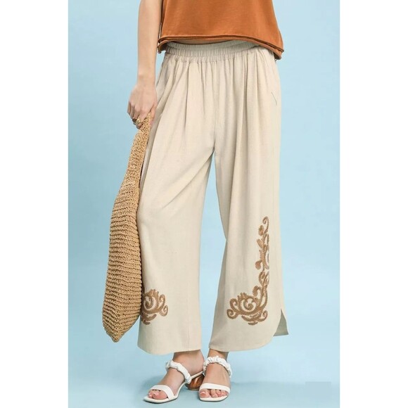 Umgee Pants - Umgee Linen Embroidered Wide-Leg Boho Pants